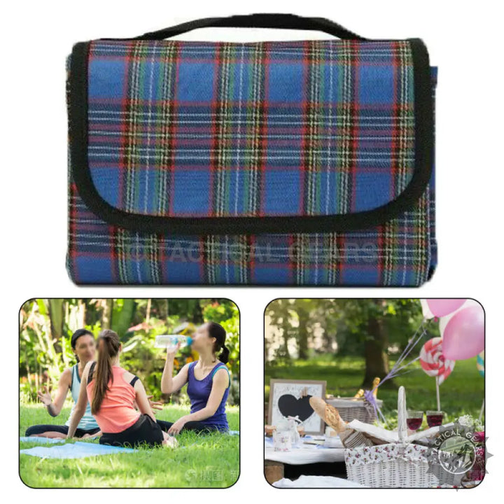 Blue plaid picnic blanket with black handle and trim, portable waterproof picnic mat