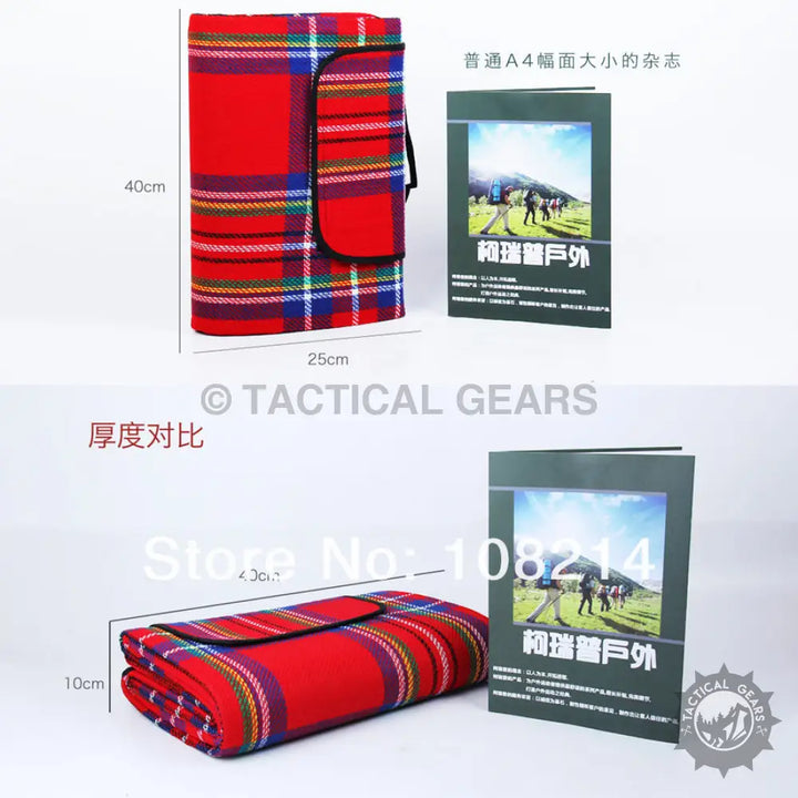 Red plaid outdoor picnic blanket with flap, portable waterproof picnic mat with dimensions