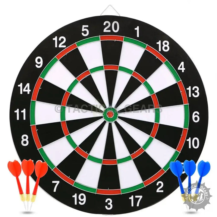 Black, white, red, and green dart board with darts for a smart game experience