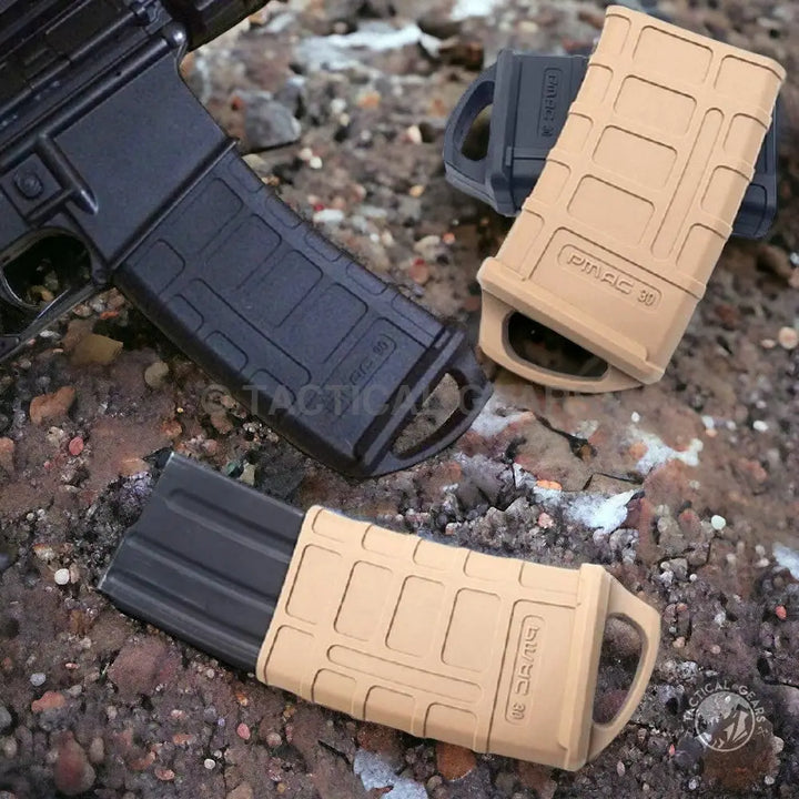 Black and tan polymer Pmag-Magazine Rubber Cover with loop-style baseplates