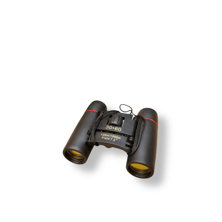 Black compact pocket size binoculars with yellow lenses and neck strap, mini binoculars for travel