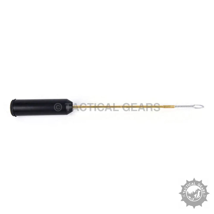 Black-handled bore brush with brass rod in Pocket Size Cleaning Kit for firearm cleaning