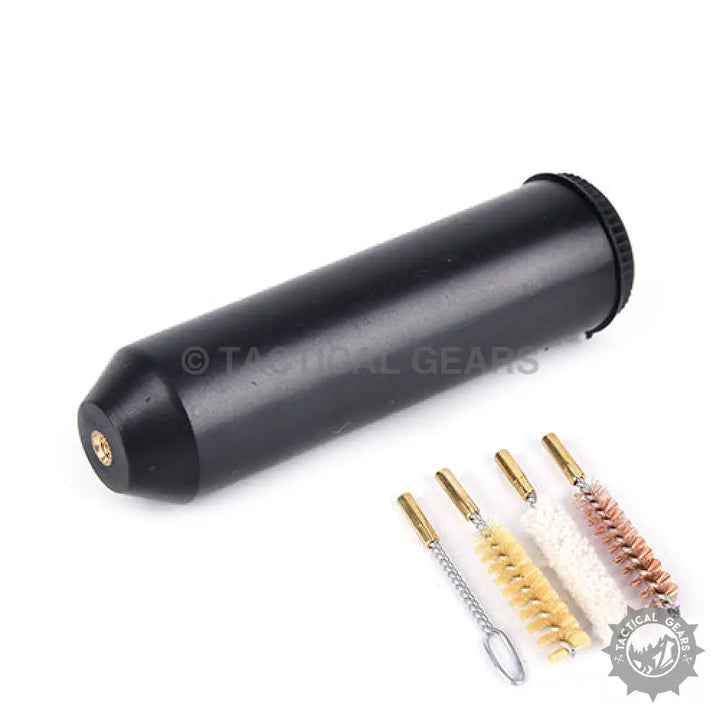 Black cylindrical firearm cleaning kit with assorted brushes for easy maintenance
