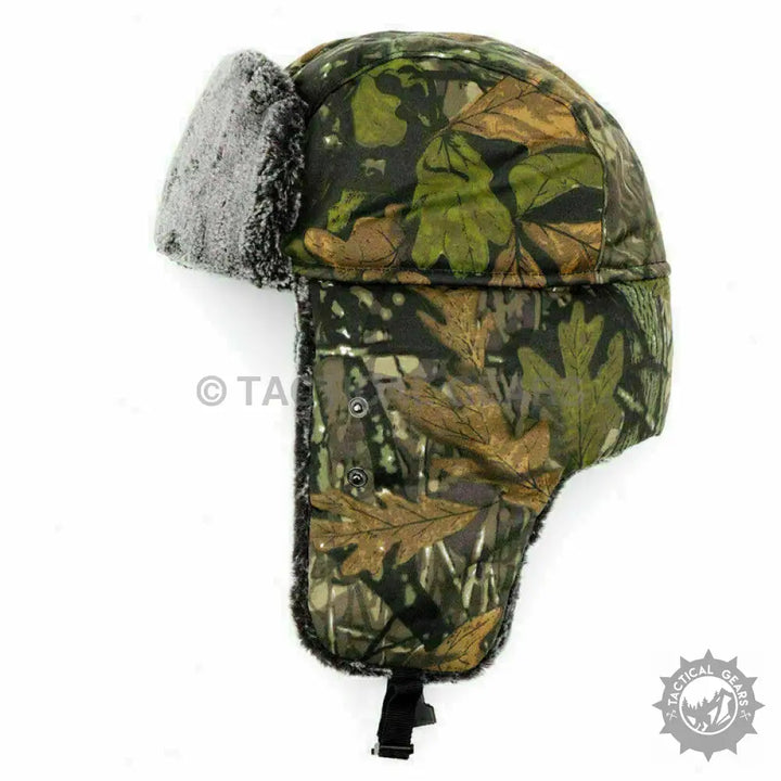 Camouflage trapper ski hat with faux fur trim to stay warm during winter outdoor activities