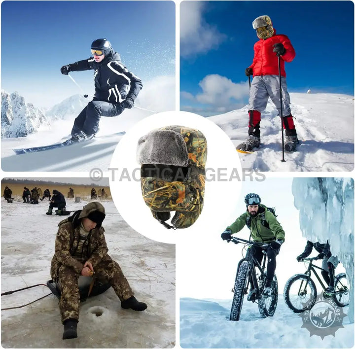 Camouflage trapper ski hat with fur-lined brim and ear flaps to stay warm