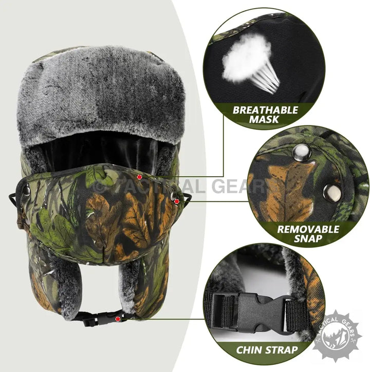 Camouflage winter ski hat with removable face mask and chin strap for staying warm