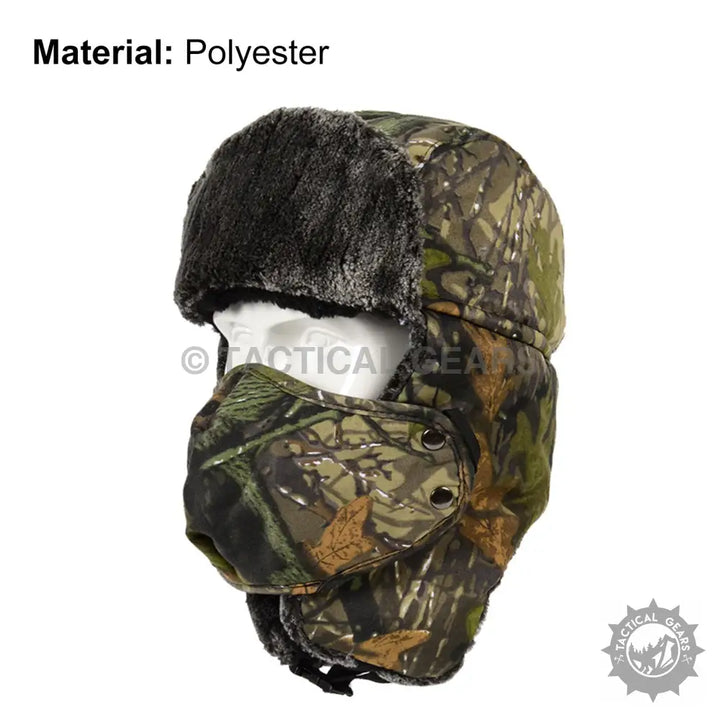 Camo polyester ski hat with faux fur trim and button-on face mask to stay warm