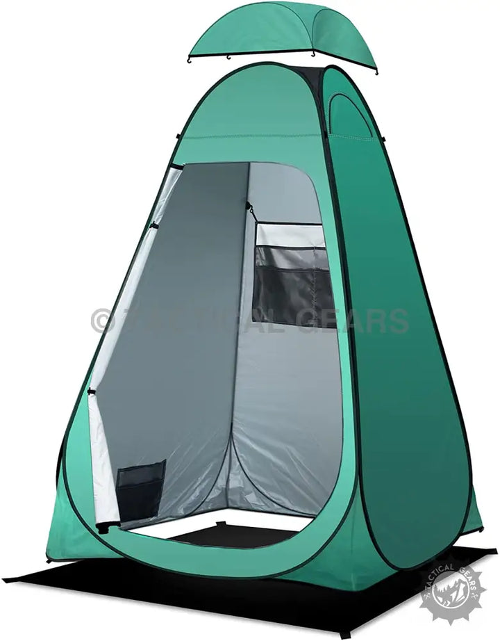 Portable green camping shower privacy tent with removable top cover for outdoor use
