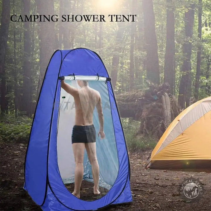Blue pop-up camping shower tent with translucent top for portable camping shower privacy