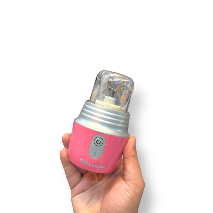 Pink portable 420ml blender with clear cup and power button for on-the-go smoothies