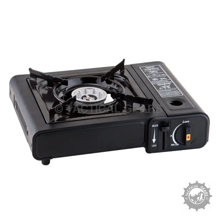 Black portable butane gas stove with single burner and ignition control for outdoor cooking