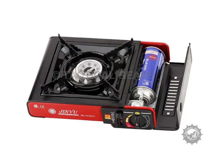 Portable butane gas stove with fuel canister for outdoor cooking and camping use