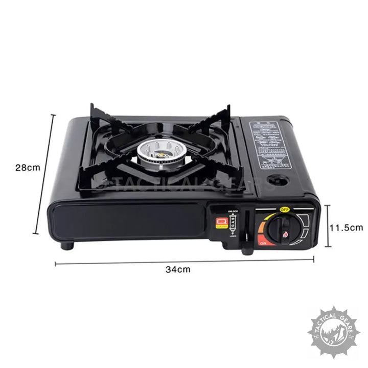 Black portable butane gas stove with burner and control knob for outdoor cooking