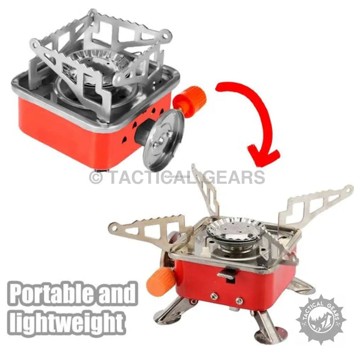Compact portable butane stove with folding supports for camping using butane gas canister