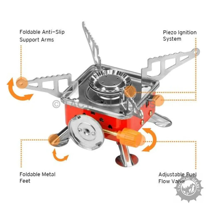 Portable butane stove with foldable support arms, piezo ignition, and adjustable valve