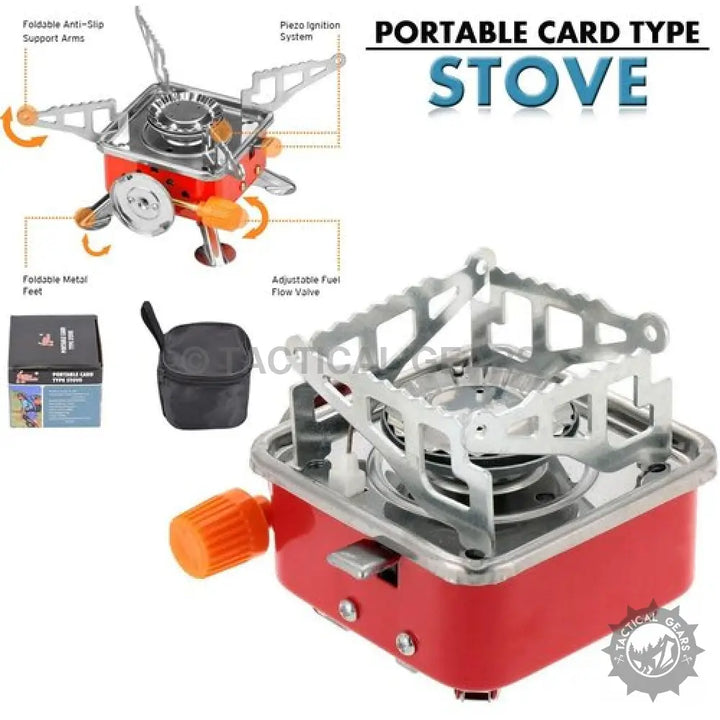Portable butane stove with foldable support arms and piezo ignition for camping