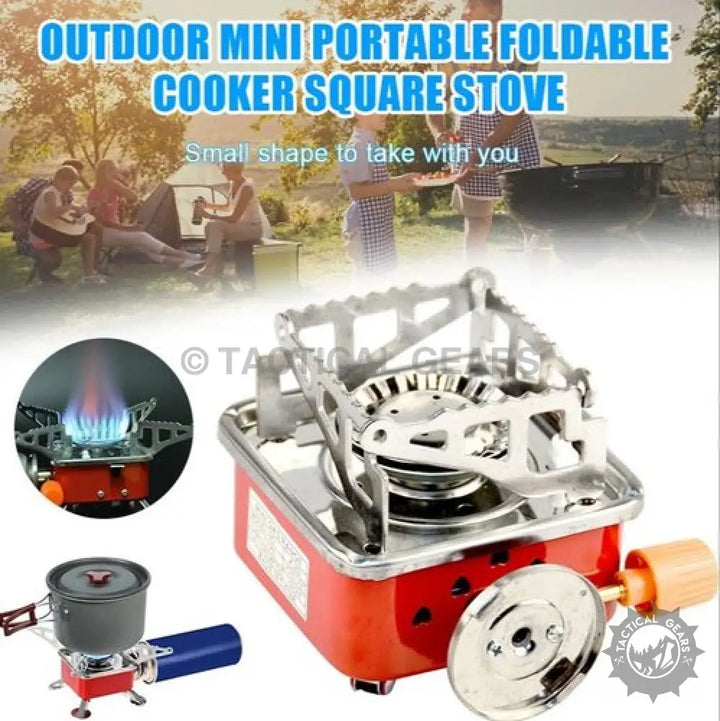 Red and silver portable foldable outdoor cooker square stove with butane gas canister