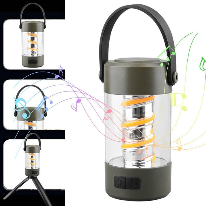 Portable camping light with built-in Bluetooth speaker and tripod stand for outdoor use