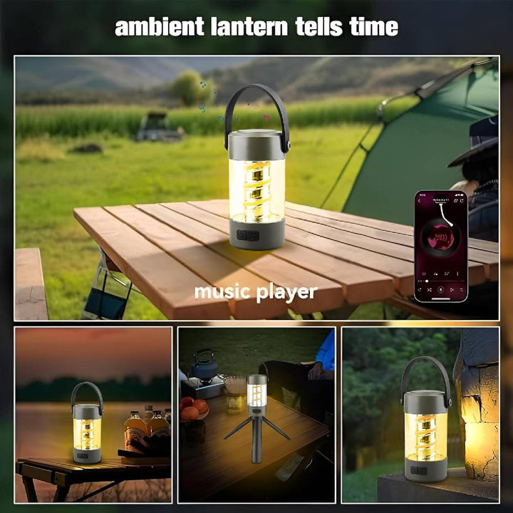 Portable camping light with built-in Bluetooth speaker and tripod stand for outdoor use