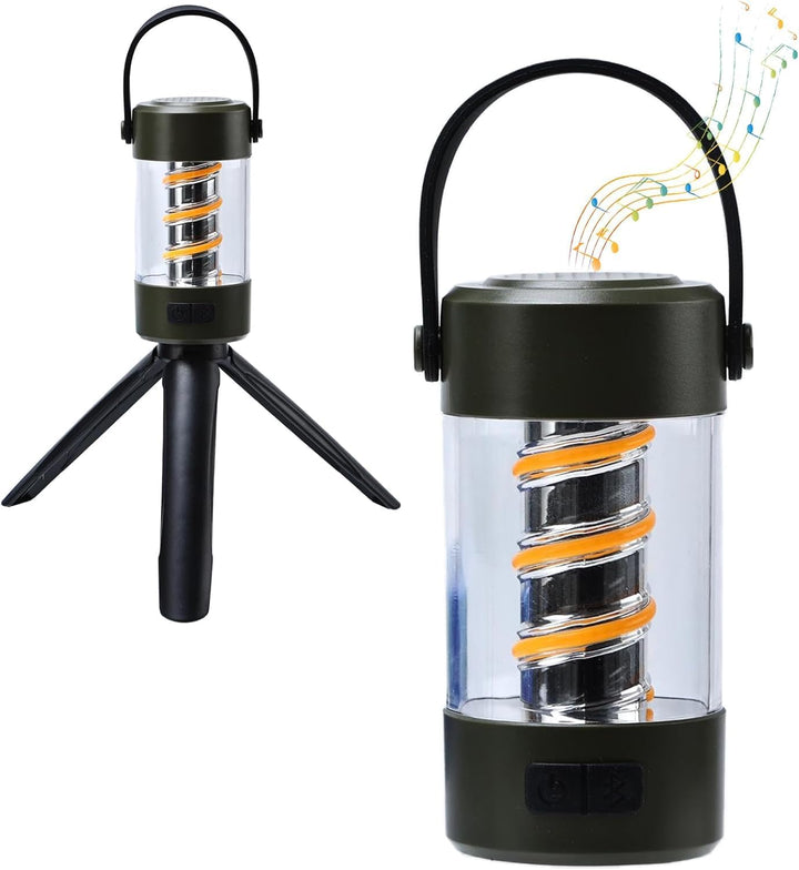 Portable camping light with built-in Bluetooth speaker, LED spiral filament, and tripod stand