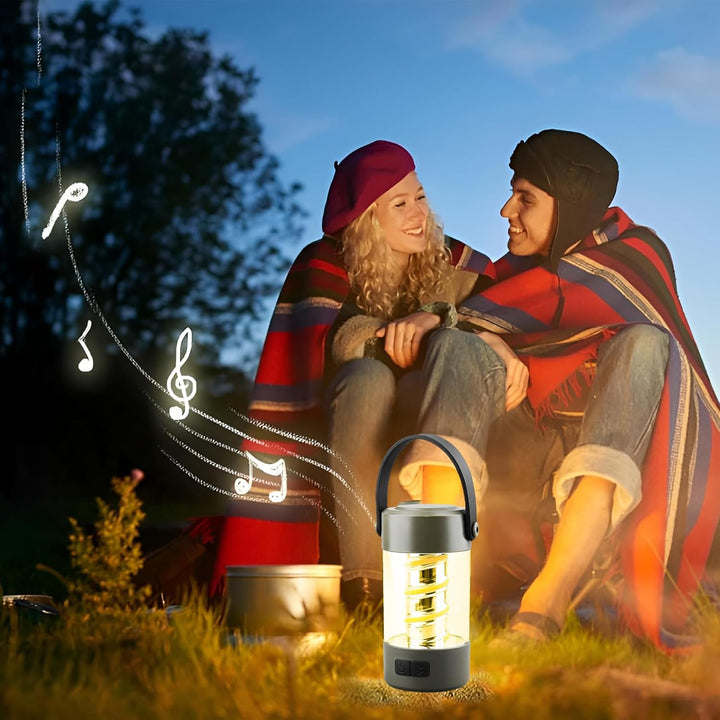 Portable camping light with built-in Bluetooth speaker and handle on tripod stand