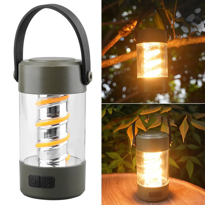 Portable camping light with built-in Bluetooth speaker and spiral LED filament on tripod stand