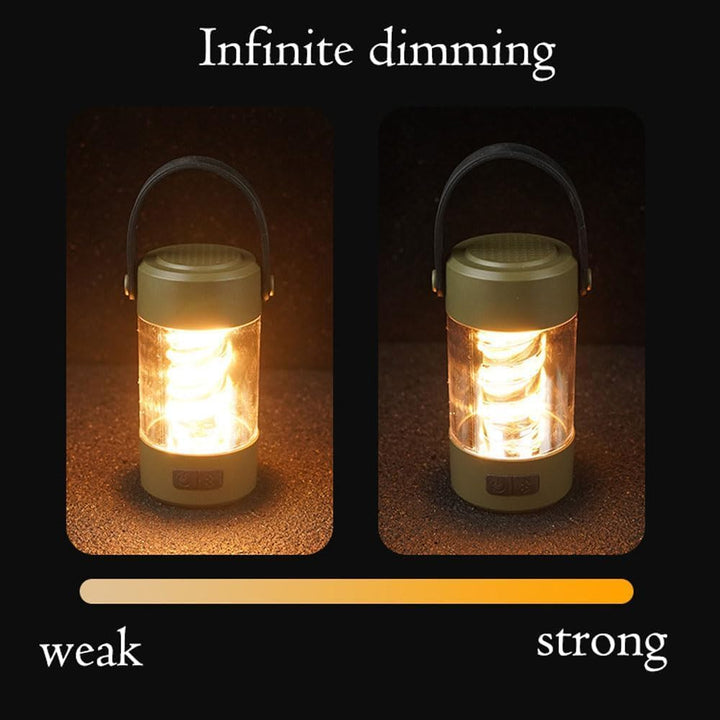 Portable camping light with built-in Bluetooth speaker and dimmable spiral LED lantern