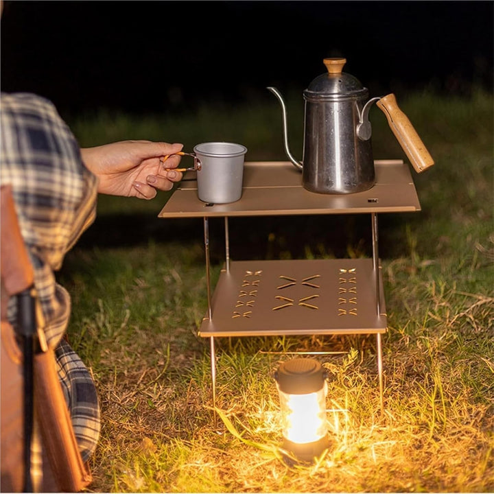 Portable camping light with built-in Bluetooth speaker, tripod stand, two-tier table, teapot