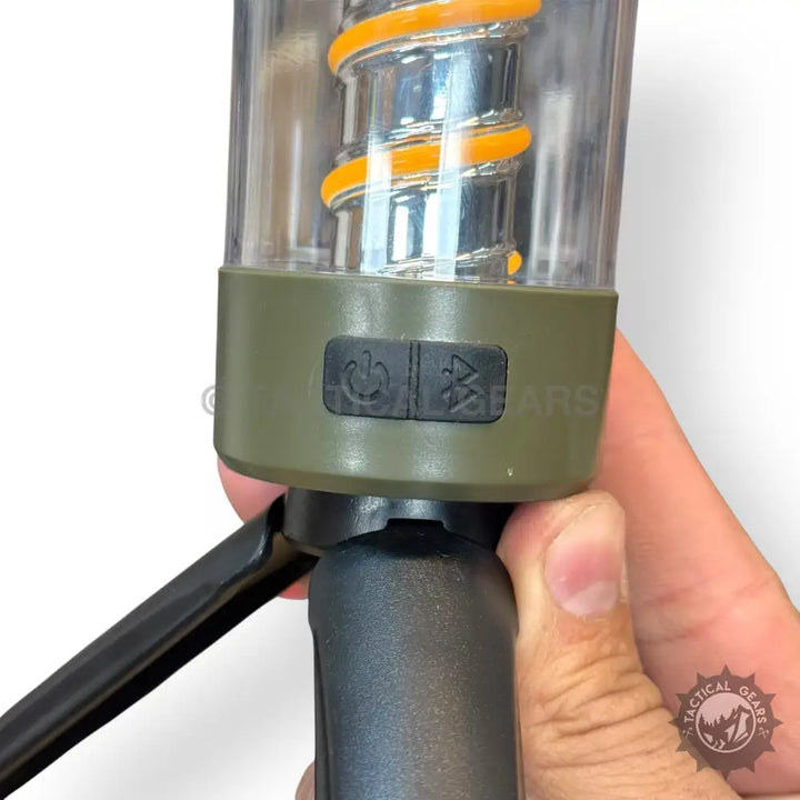 Portable Camping Light with Built-in Bluetooth Speaker and orange spiral filament