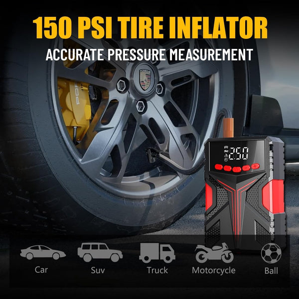 Portable car jump starter with air compressor and digital display for easy inflation