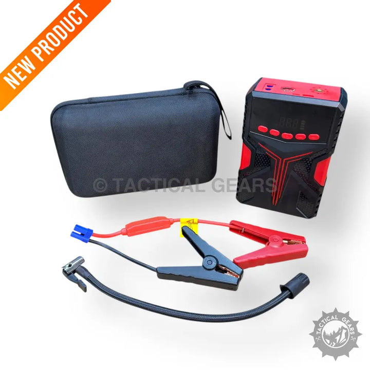 Portable car jump starter kit with air compressor, charging cables, and carrying case