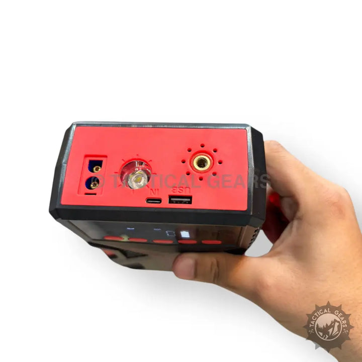 Black and red portable power bank with multiple ports for car jump starter and jump car