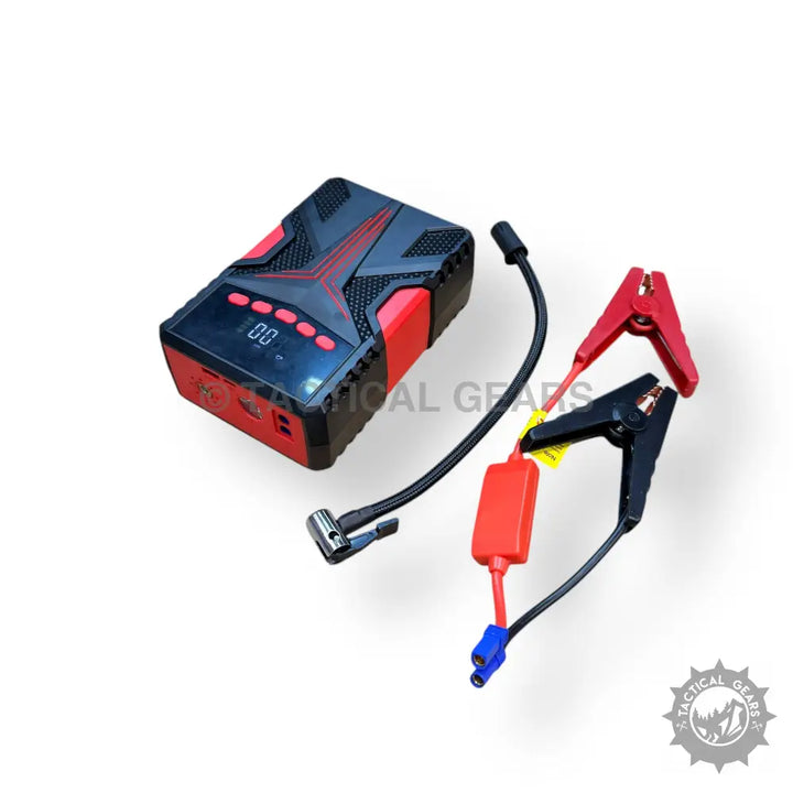 Portable car jump starter with battery clamps and charging cable for quick jump start