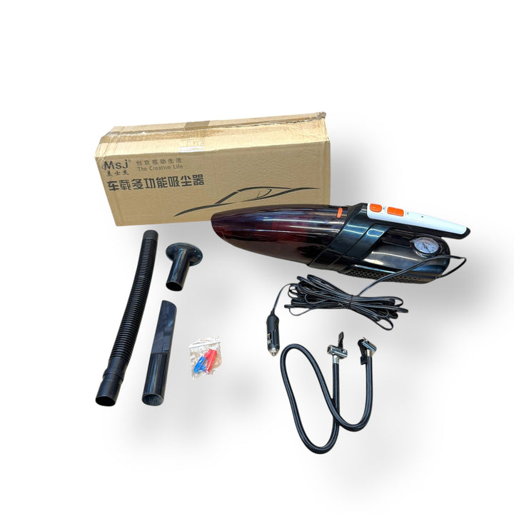 Portable car vacuum cleaner with air compressor and attachments for car cleaning