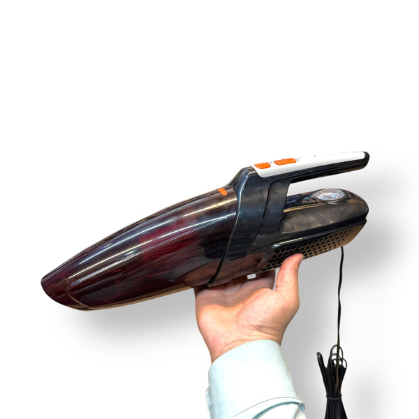 Portable car vacuum cleaner with translucent dark red dustbin and orange controls