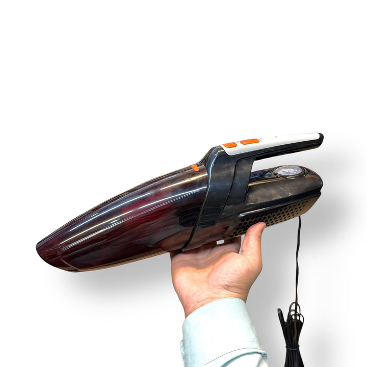 Portable car vacuum cleaner with translucent dark red dustbin and orange controls