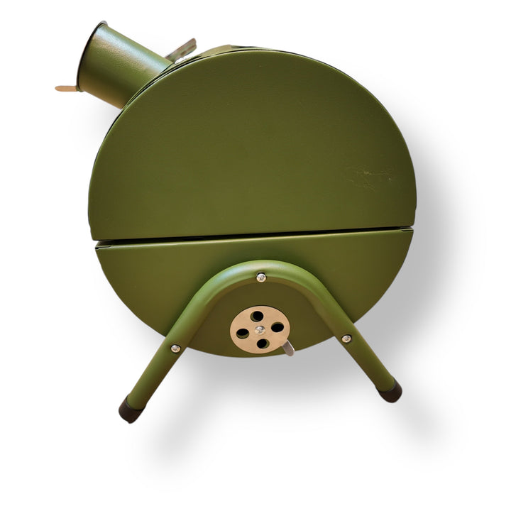 Olive green portable charcoal BBQ grill with round hinged body and sturdy legs