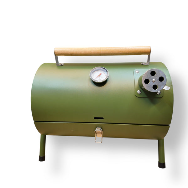 Olive green portable charcoal BBQ grill with wooden handle thermometer and adjustable vent