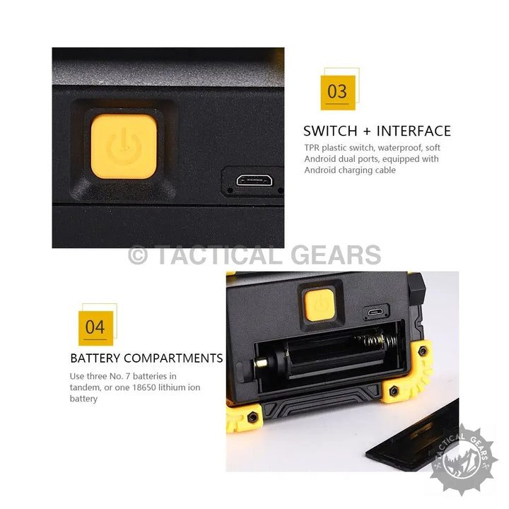 Portable Led Spotlight work light with rugged yellow and black design, power button, charging port, and versatile battery compartment