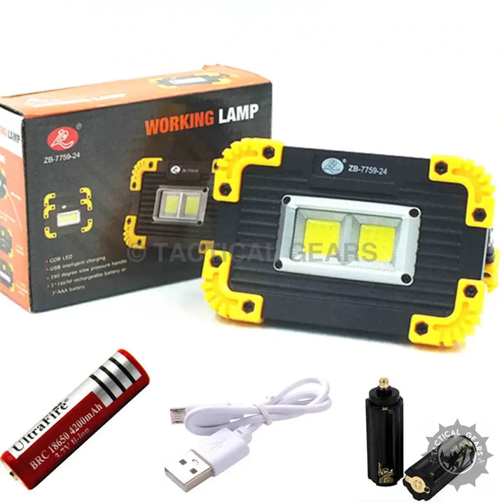 Portable Led Spotlight work light with black and yellow design, battery, and charging cable