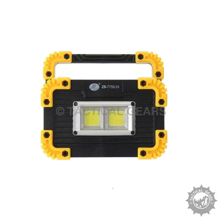 Black and yellow portable LED work light with dual bright COB light panels for outdoor use