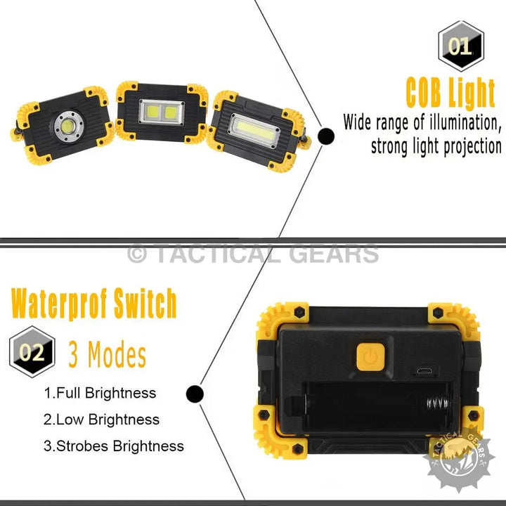 Portable LED Spotlight showing a waterproof work light with multi-mode COB design