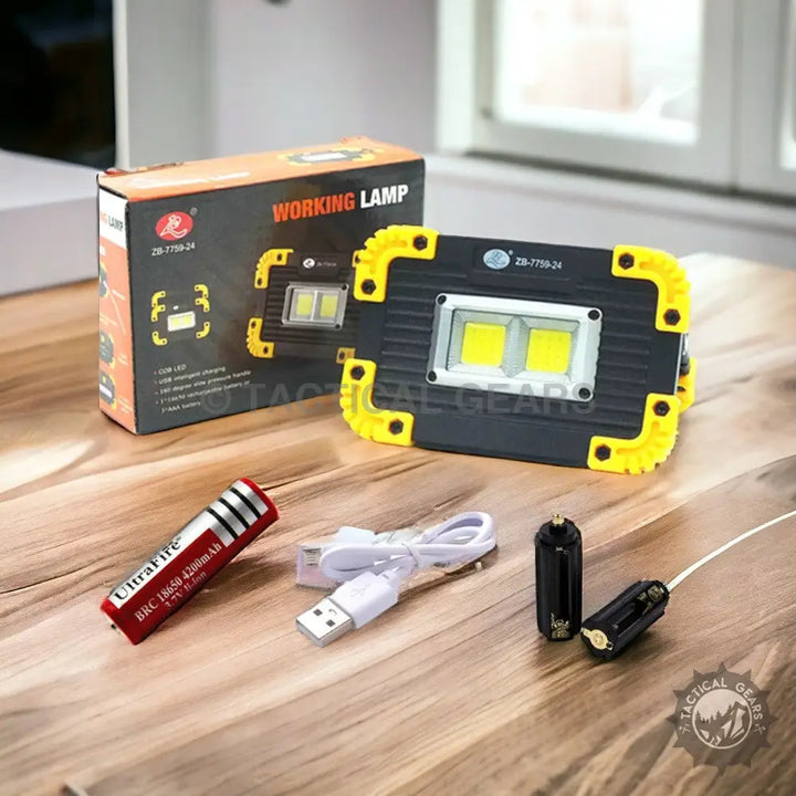 Portable LED Spotlight work light with black and yellow design and dual main lights
