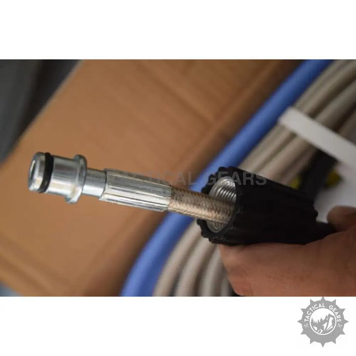 Flexible braided metal hose with threaded end and quick-connect nozzle for Makalita cleaning machine