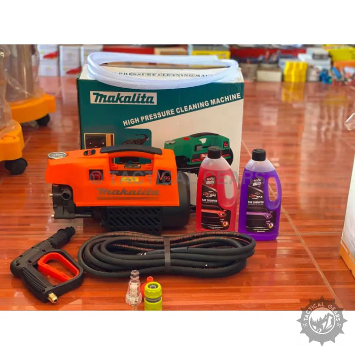 Orange Makalita High Pressure Water Cleaning Machine with foam cannon and car shampoo bottles