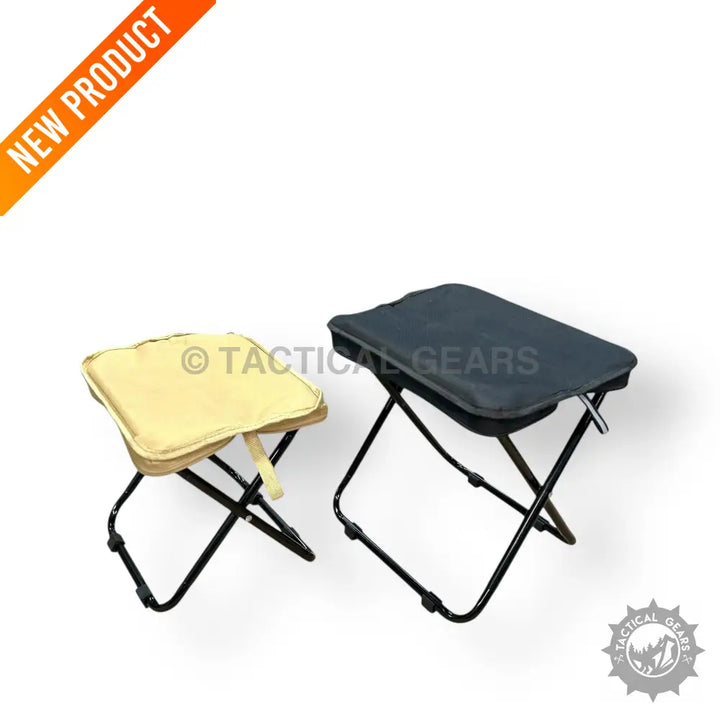 Portable folding camping stools with padded tops, dark grey and beige colors