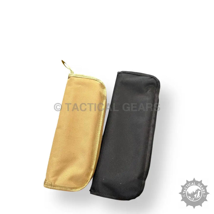 Portable folding camping stool with tactical gear pouches in tan and black for outdoor use