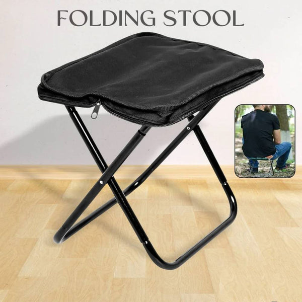 Black portable folding camping stool for easy outdoor seating and compact portability