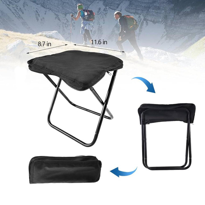 Black portable folding camping stool with carry bag, ideal for outdoor adventures