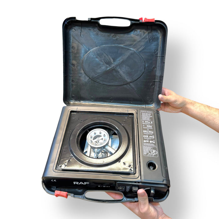 Black portable gas burner stove with case and free bottle for outdoor cooking